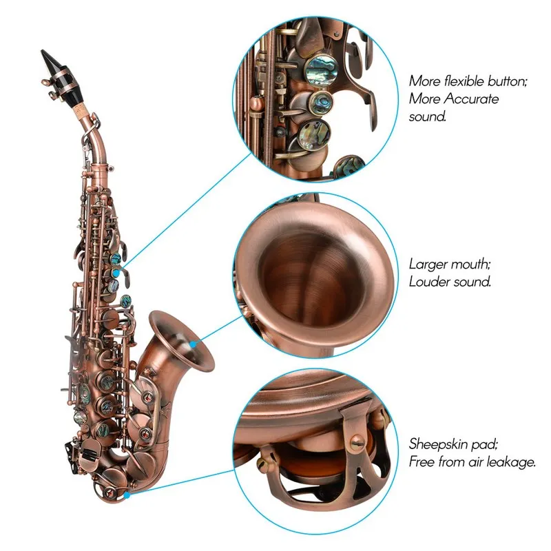 Red Antique Soprano Saxophone Bb Key Woodwind Instrument Brass Material with Carrying Case Sax Stand