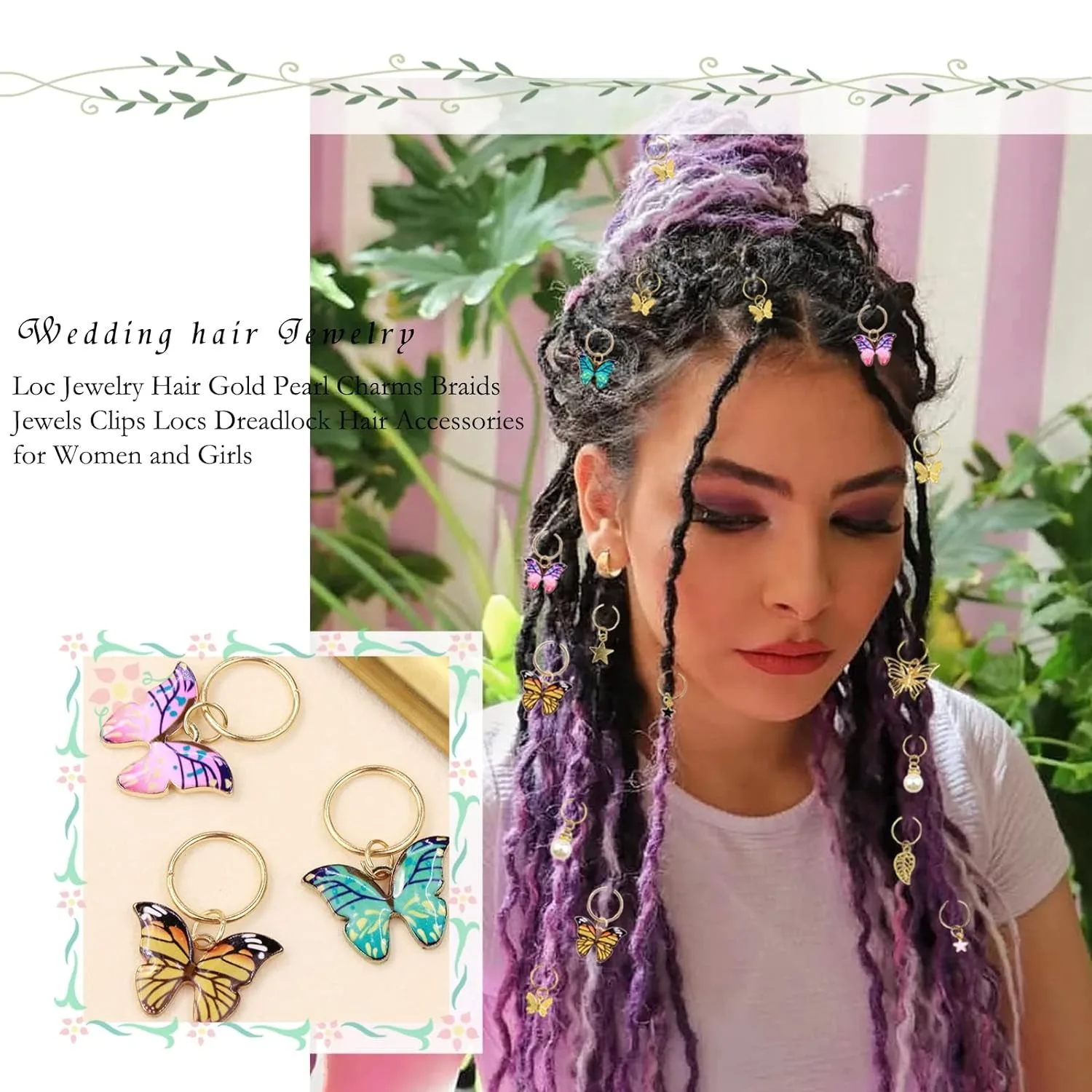 20Pcs Butterfly Braid Clips Crystal Dreadlock Hair Accessories Colorful Butterflies Pendant Charms Pearl Shiny Hair Accessories