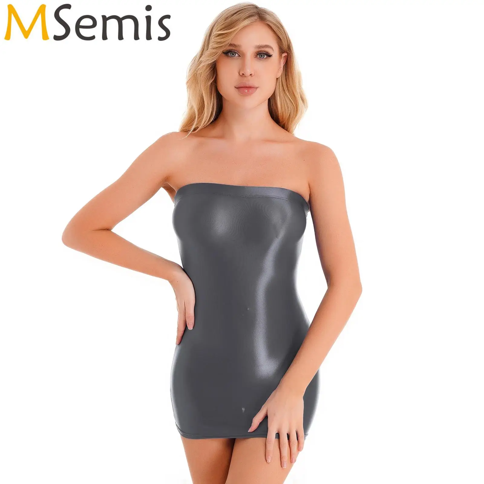 Womens Oil Glossy Strapless Pencil Dress Solid Color Tight Fitting Stretchy Bodycon Mini Dresses Night Club Costume Nightwear