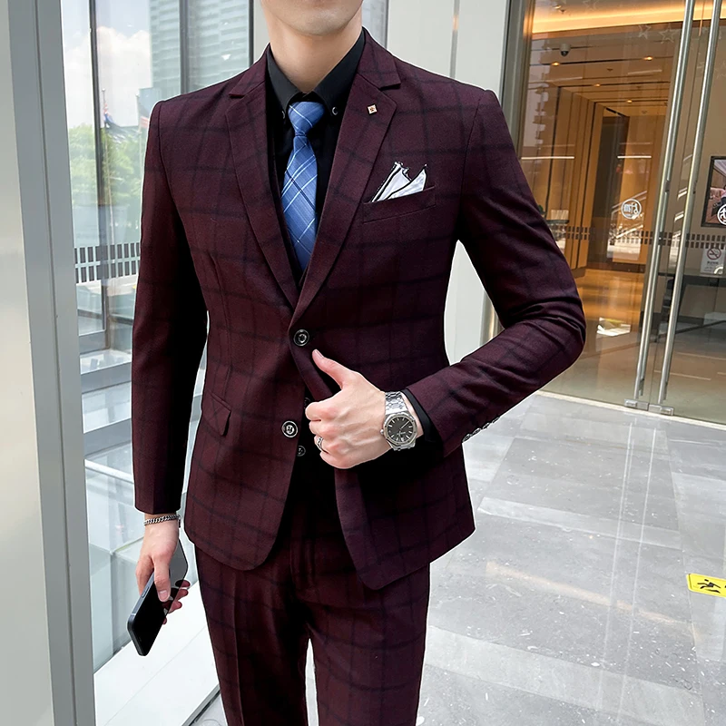 2024 Men's plaid suit (Suit + vest + trousers) Banquet Casual Business Work all matching fine 3-piece set (3-color M-5XL)