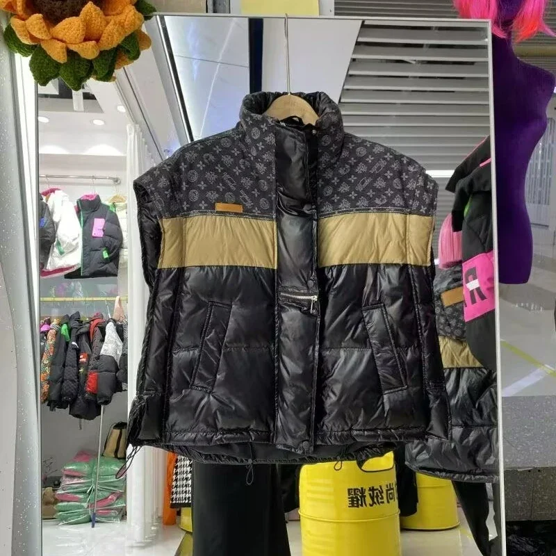 Gilet in piuma d'anatra da donna Colletto rialzato alla moda Colore a contrasto Splicing Loose 90% Bianco Nuovo prodotto invernale