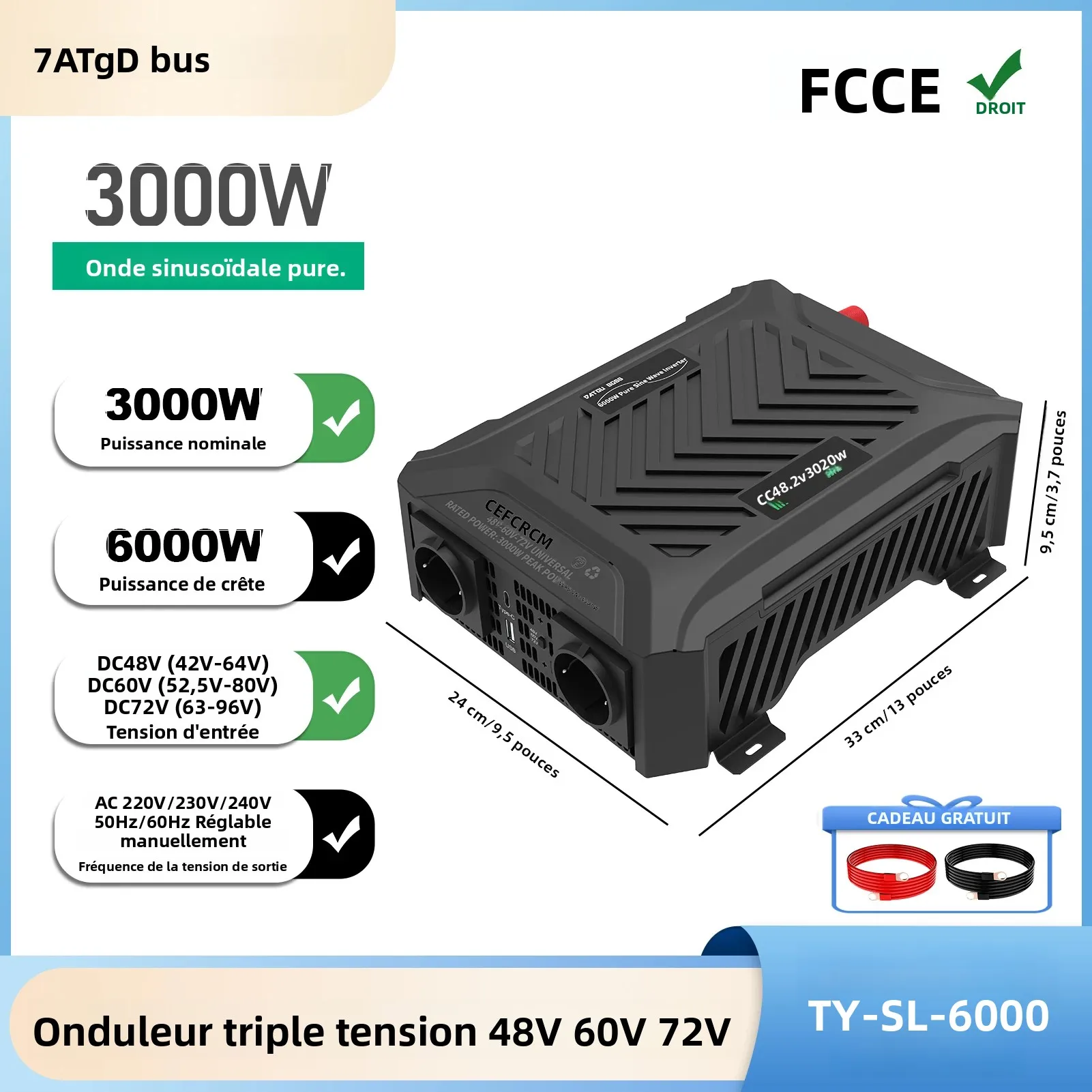DATOUBOSS Onduleur Triple Tension 48V 60V 72V, Puissance Continue 3000W, Fréquence Réglable 50Hz/60Hz, Onde Sinusoïdale Pure, Onduleur Automobile