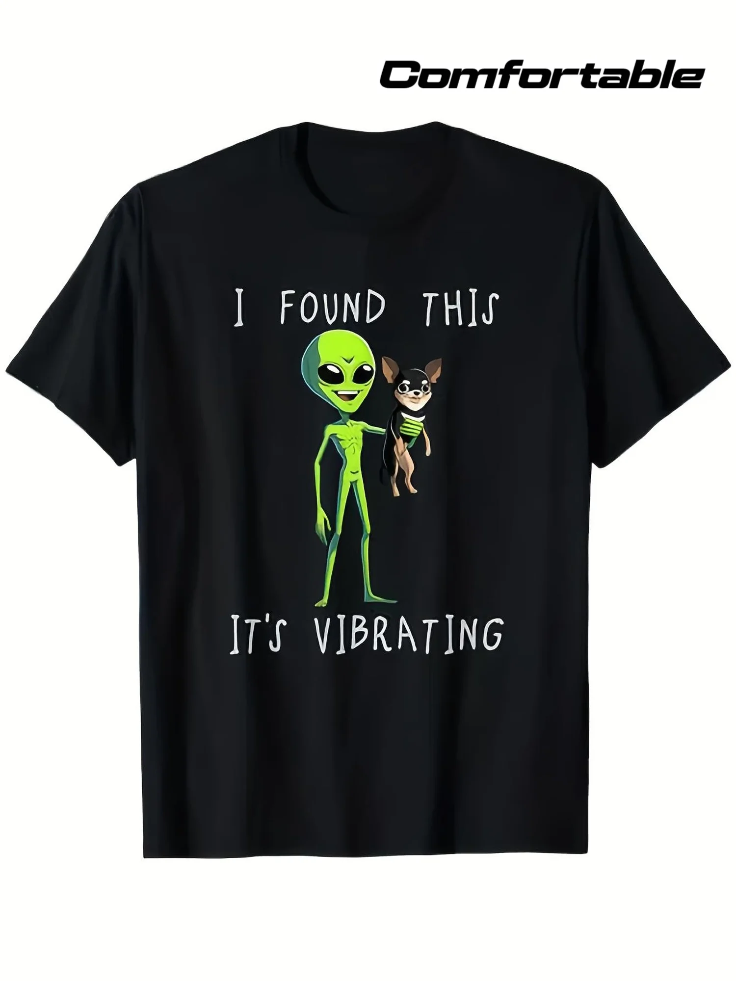 An Interesting Graphic T-Shirt Featuring an Alien and a Qihuahua Dog, Suitable for Everyone This Comfortable and Breathable Shirt Features a Round Neck Design and Is Machine Washable, Perfect for Everyday Use.