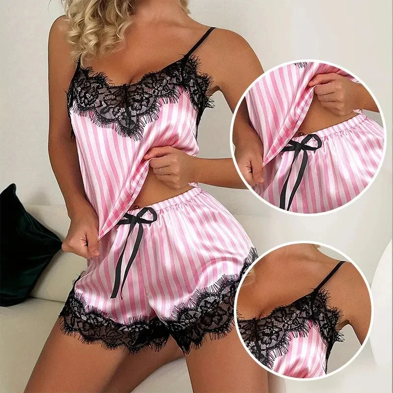Conjunto de Pijama de Dos Piezas para Mujer, con Tirantes de Encaje, Cuello en V, Sexy, Casual, sin Mangas