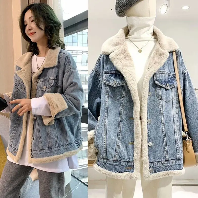 

Denim Coat Good Quality Fur Plush Womens Winter Wide Outcoats Steampunk Festival Nightclub Gathering Lined Buttoned Adjustable