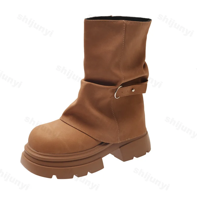 إمرأة حذاء من الجلد موضة ريترو البريطانية كعب سميك المضادة للانزلاق جولة تو المرأة أحذية بوت قصيرة براون مريحة في الهواء الطلق أحذية كاجوال