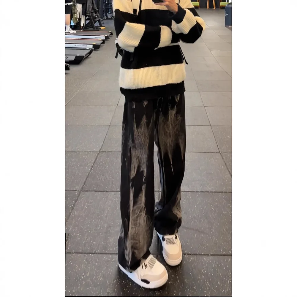 Autumn Winter New Fashion Men's Tie Dye Casual Trendy Simple Basic Loose Straight Denim Trousers Male Bottom Clothes Jeans Pants
