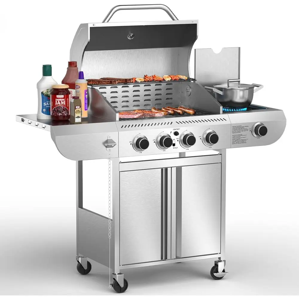 

4 Burner Stainless Steel Gas Grill with Side Burner, 42,000 BTU Propane BBQ for Outdoor Cooking and Patio Use