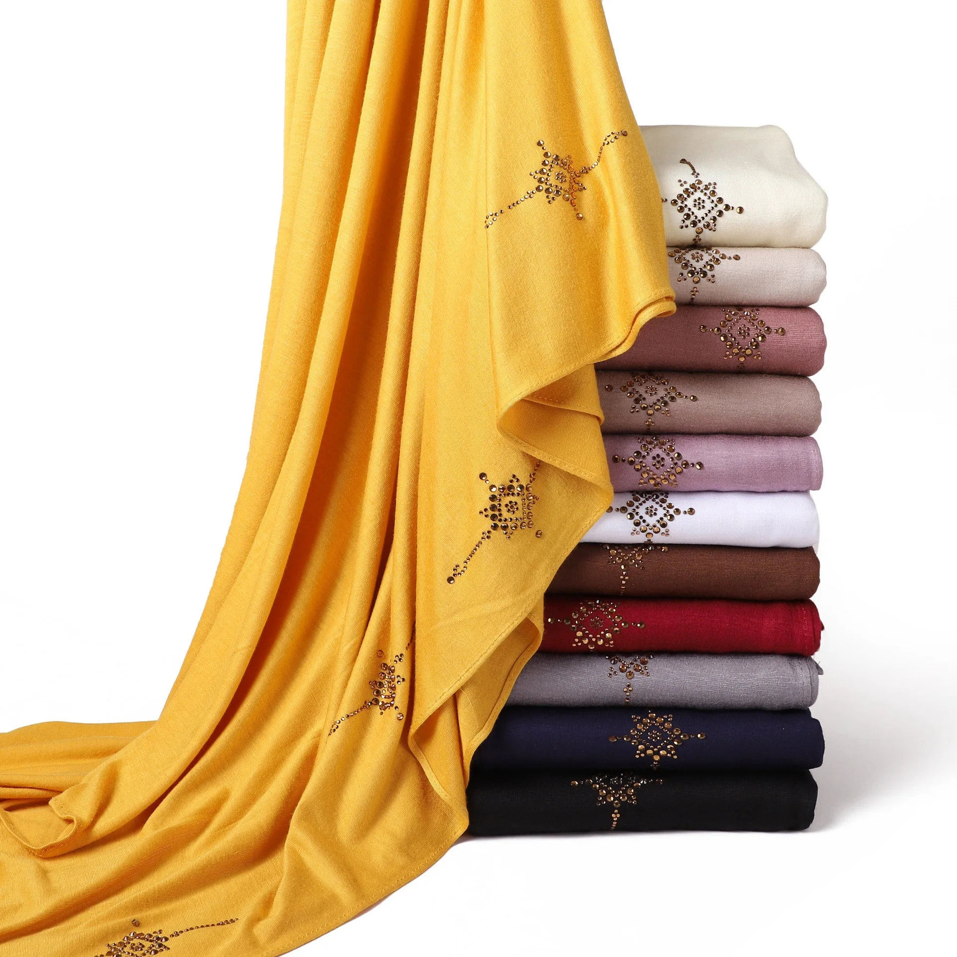 Rhinestone Jersey Hijab for Women Gold Cross Diamond Double Stitching Muslim Headscarf Soft Breathable Jersey Wrap Eid Ramadan