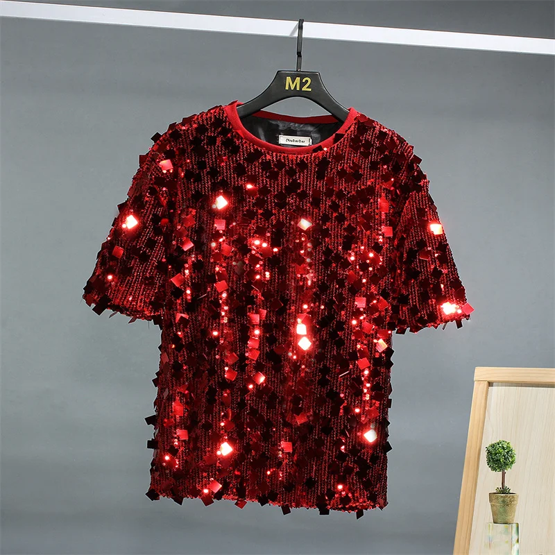 Spring Summer Mens Shiny T-shirts Club Stage Dance Short Sleeve Glitter Sequin T Shirt Women Fashion Trendy Performance Costumes
