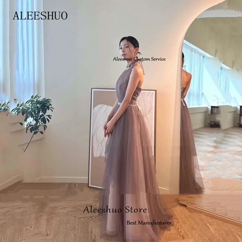 Aleeshuo Korea A-Line Prom Dress Mouwloze Formele Halter Kralen Illusie Backless Avondjurk Tot Op De Grond Feestjurk 2024