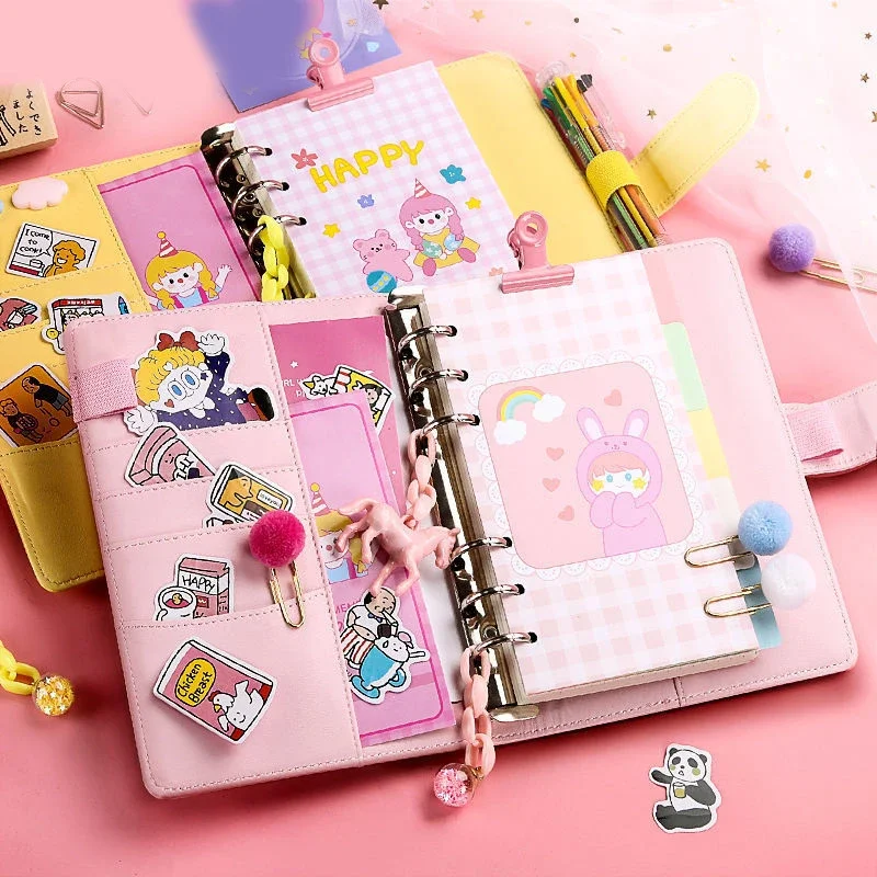 Color Paper Kawaii Notebook Journal Note Book Cute A6 Ring Planner Notepad Diary Grid Blank Student  Leather Notebook Binder