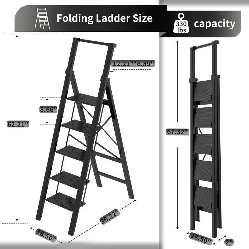 5 Step Ladder Adult Portable Folding Step Stool,   Ladder with Handle for Home, Kitchen, Outdoor, 330 lb Weight Capacity - Black