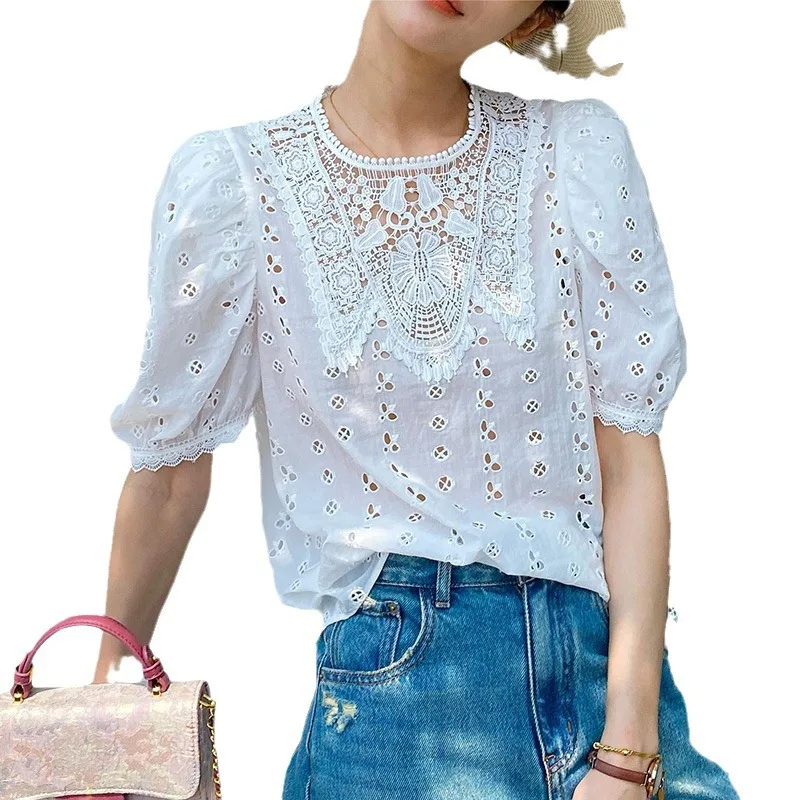 WildPinky New French Style Chic Lace Embroidery Blouse Summer Cotton Short Sleeve Hollow Out Women Sexy Vacation Ladies Tops