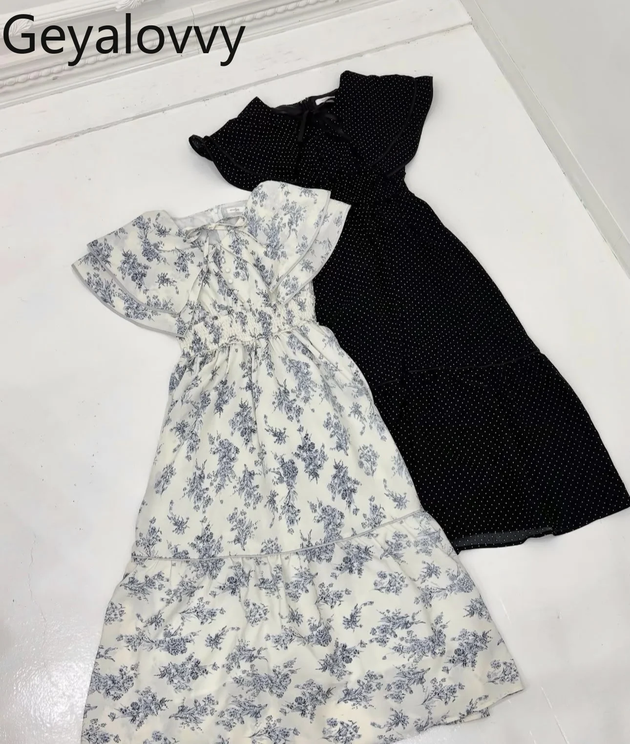 Japonês doce dupla camada lapela estilo capa vestido de renda verão novo de cintura alta magro-ajuste impresso polka-dot vestidos longos