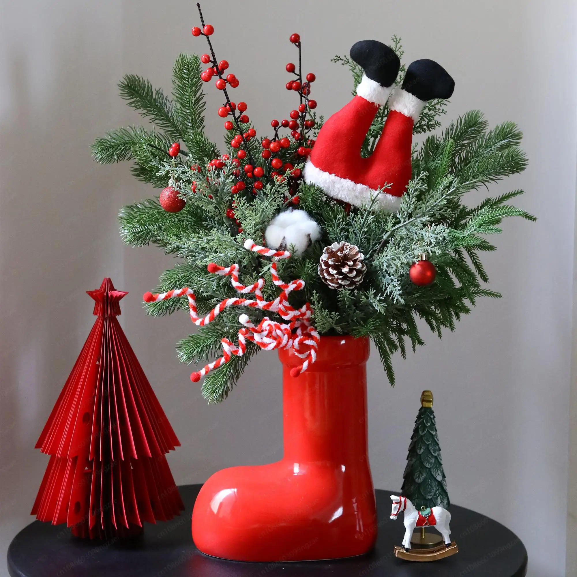 Christmas red boots shoes vase flower arrangement simulated pine branches living room desktop front desk Christmas decoration