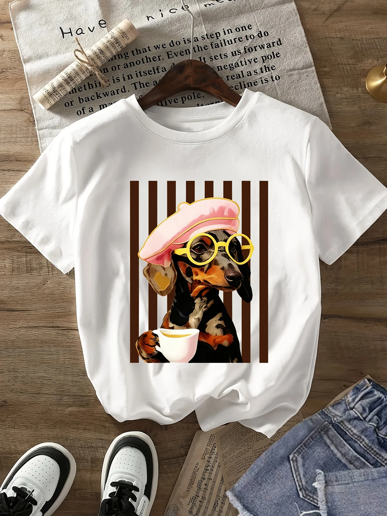 Damen-T-Shirt mit Dackel-Print, Kurzarm, Rundhalsausschnitt, lässig, für den täglichen Gebrauch, bequeme Oberteile, Damen-Outfit im 90er-Stil