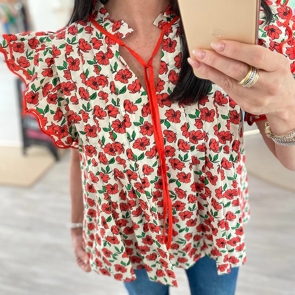 

Women Y2k Boho Floral Cap Flutter Sleeve Peplum Blouses Front Button Collar V Neck Ruffle Flowy Crop Top Summer Babydoll Shirts