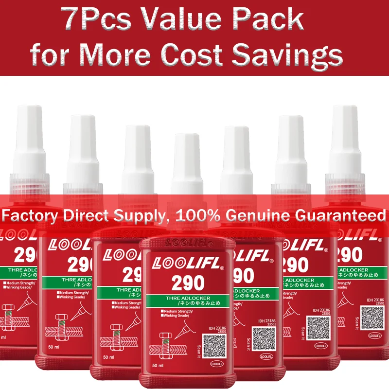 LOOLIFL 290 Threadlocker 7Pcs Value Pack 50ml Wicking Grade Anaerobic Screw Lock Glue Medium Strength Anti‑Vibration Anti‑Loosen