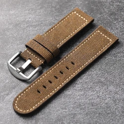 Handmade Canvas Laminated Leather Strap 20 22 24MM Brown Soft Old Men Bracelet, Vintage Style Fit PAM Military Watch