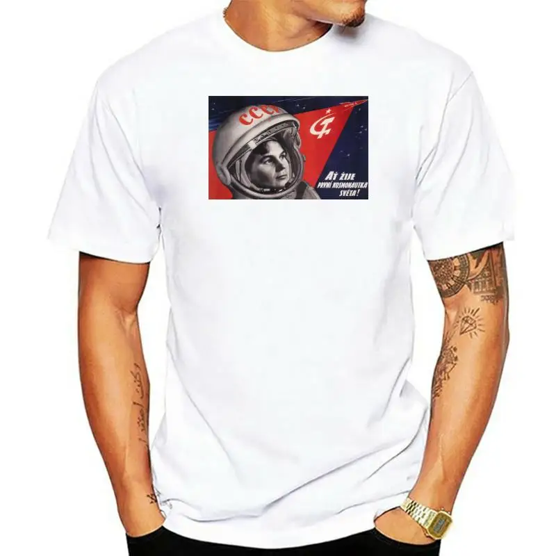 

Soviet Space Program Propaganda Valentina Tereshkova Female Astronaut T Shirt 2022 New 100% Cotton Gifts Men