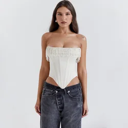 Mingmingxi Women Luxury Beading Cropped Top Sexy White Satin Bodycon Top Strapless Tanks Holiday Party Tees Women's Clothing