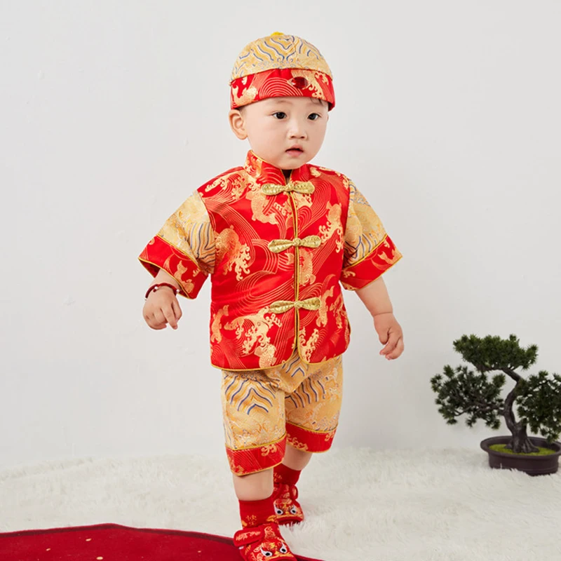 

Newborn Baby Boys Chinese Style Embroidered Hanfu Tops Pants Hat Sets Tang Suit Kids New Year Birthday Outfits Oriental Clothing