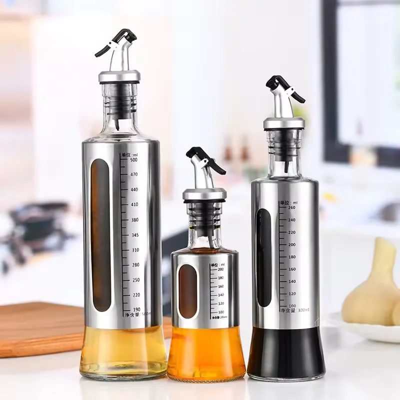 

200ml, 300ml, 500ml glass with graduated stainless steel oil bottle kitchen soy sauce vinegar cooking wine seasoning bottle