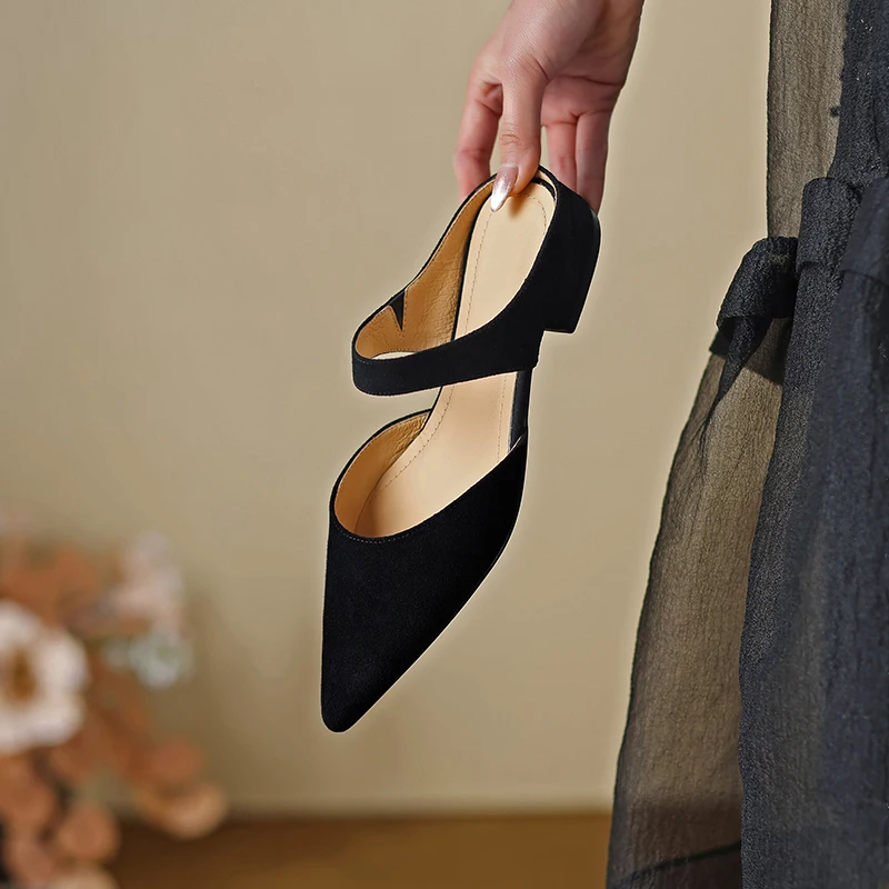 2026 new summer women sandals natural leather 22-25cm kid suede+cowhide+pigskin pointed toe buckle mules women shoes fashion