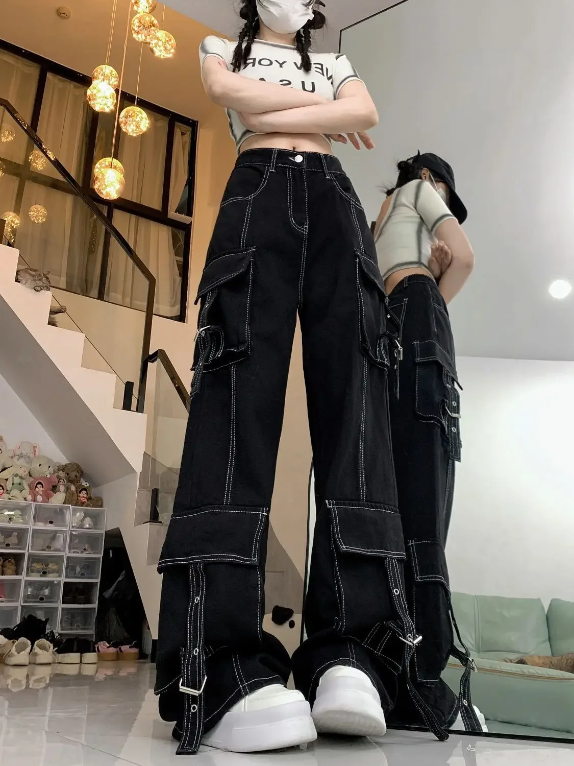 American Retro High Street Cargo Jeans 2025 Autumn Women High Waist Y2K Streetwear Wide Leg Denim Pants Vintage Baggy Trousers