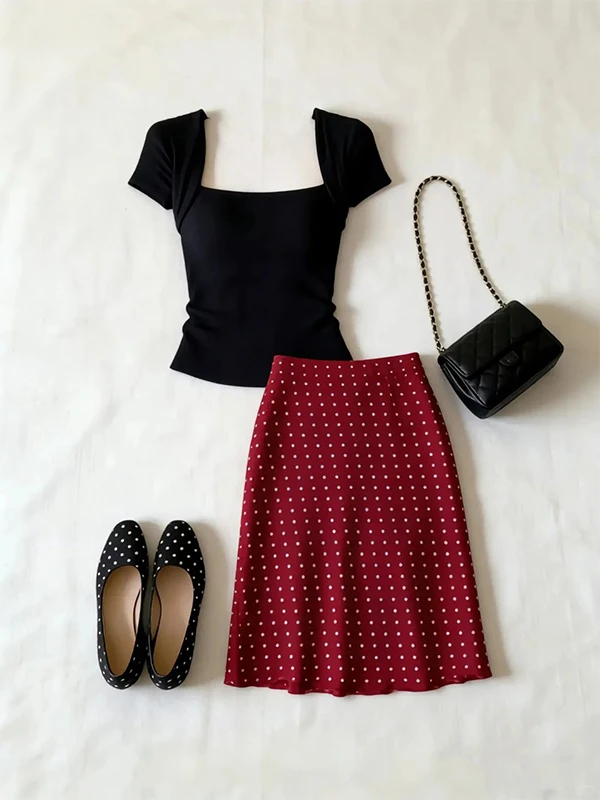 

Summer Polka Dot Red High Waist A-Line Skirt Set Women's Slim Fit Short Sleeve Square Collar Fashion Ensemble