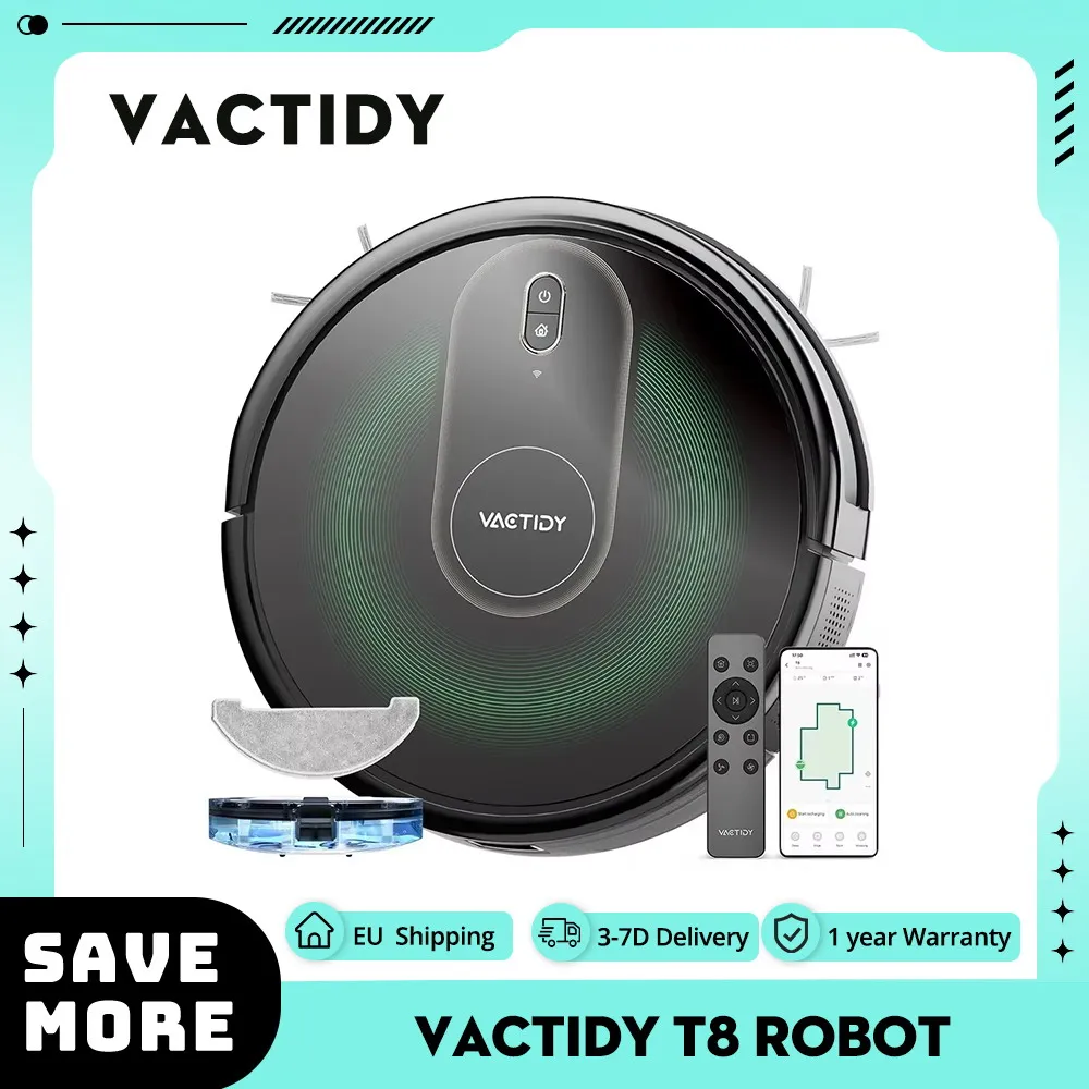 Vactidy T8 Robot Vacuum Cleaner 2 in 1 Mopping Vacuum 3000Pa Suction 250ml Dust Bin Carpet Detection App Control 100Mins Runtime