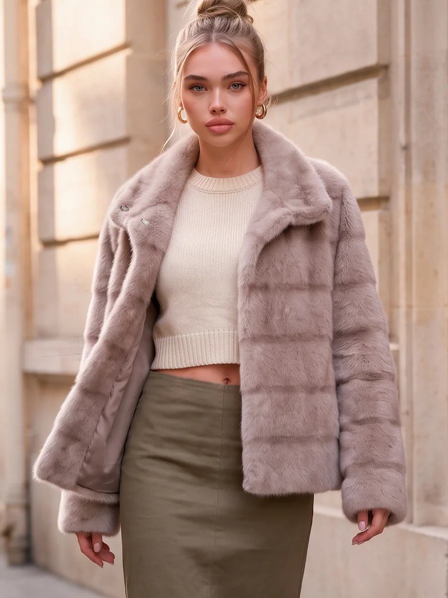 Women's Fluffy Faux Fur Coat Taupe Stand Collar Paneled Short Winter Warm Thick Jacket Elegant Luxe Chic Outerwear
