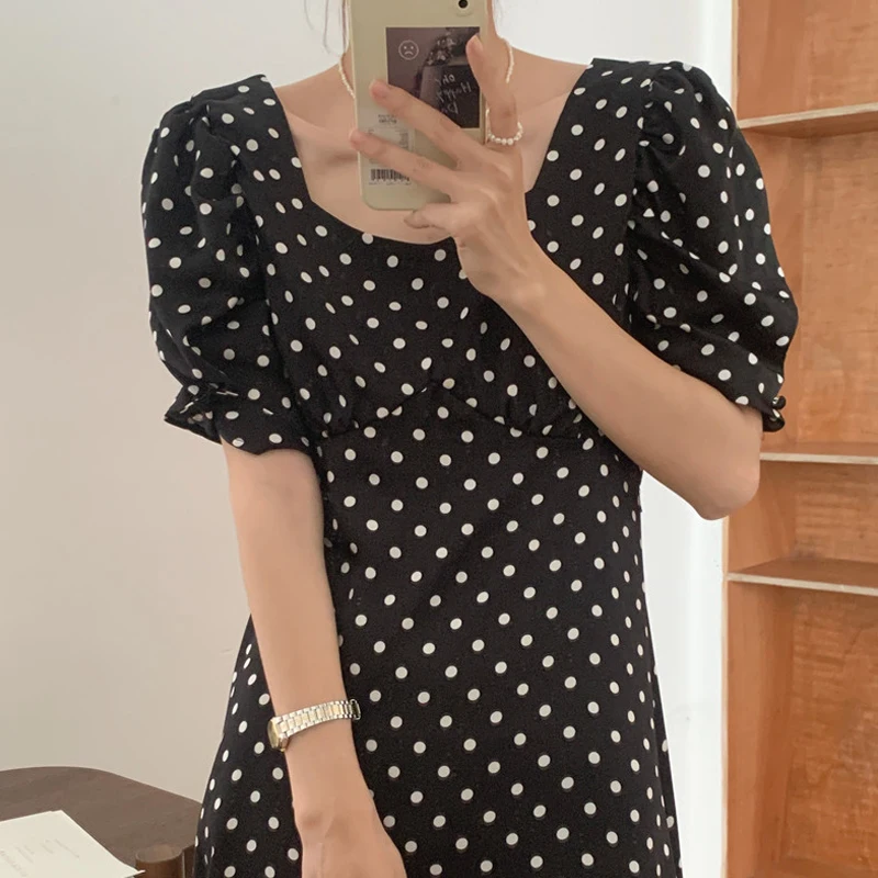 فستان صيفي أنيق بتصميم كلاسيكي منقط، ذو ياقة على شكل حرف V، مع حزام، أكمام فقاعية، تصميم نحيف، على الطراز الكوري، خصر مرتفع، ...