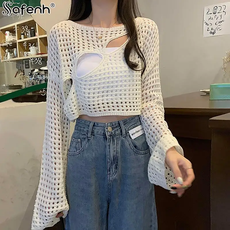 Women Casual Sweater Pullovers Summer Fashion Loose Long Sleeve Hollow Out Knit Smock lack,White,Gray,Khaki