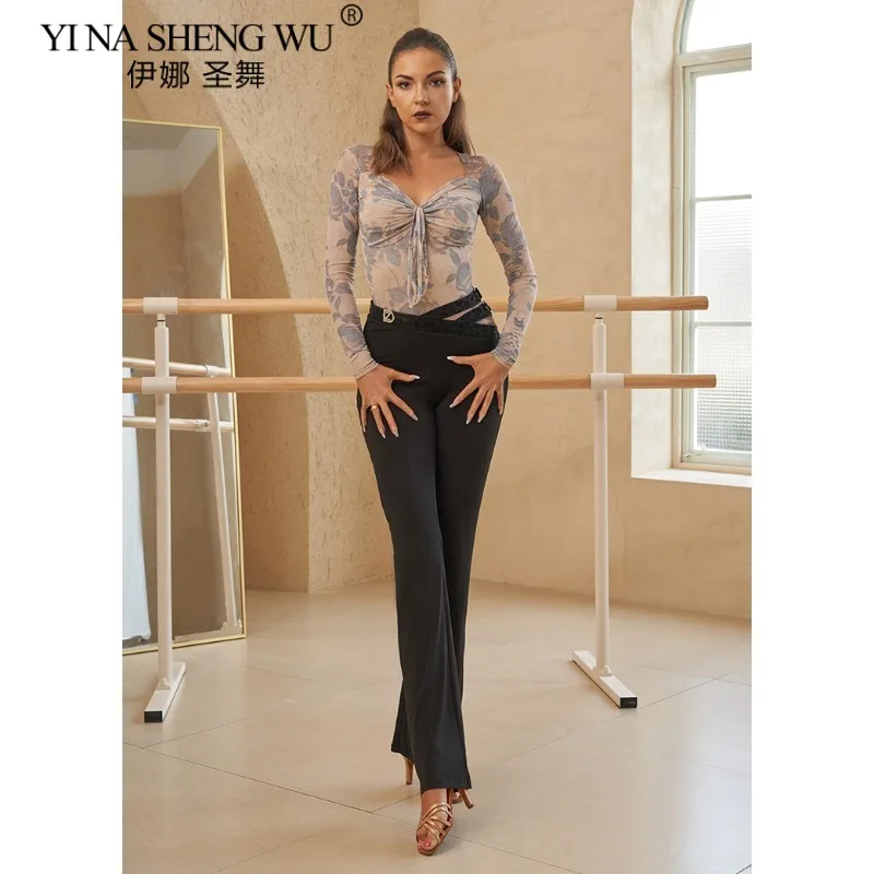 新しいラテンダンスパンツ黒ヒョウ柄セクシーなカットアウトスリムフィットパンツ女性チャチャサンバルンバ社交ダンストレーニング服