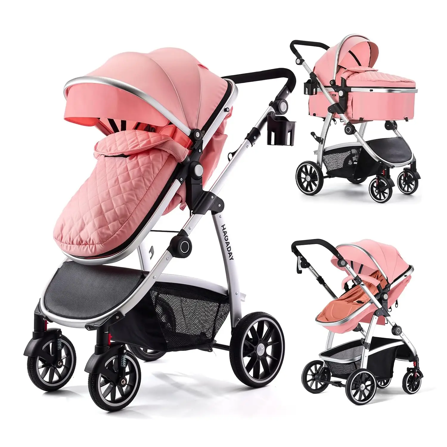 2-in-1 Reversible Stroller with Bassinet Mode,  Infant Stroller with Canopy, One Button Brake, Adjustable