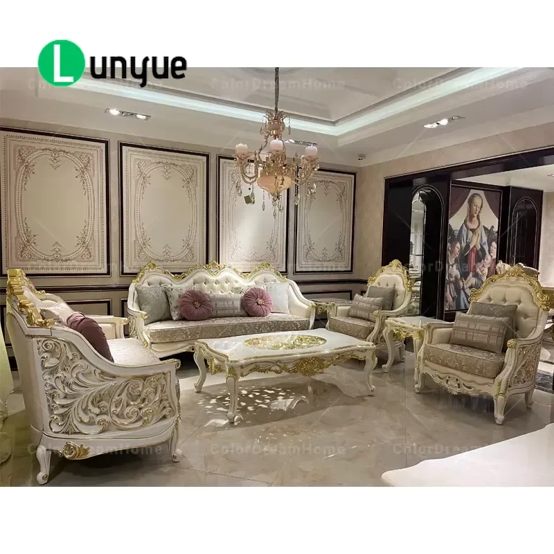 Royal French Style Fabric Sofa Set with Wooden Frame Durable Soft Living Room Hotel Villa Furniture Elegant Trim Design
