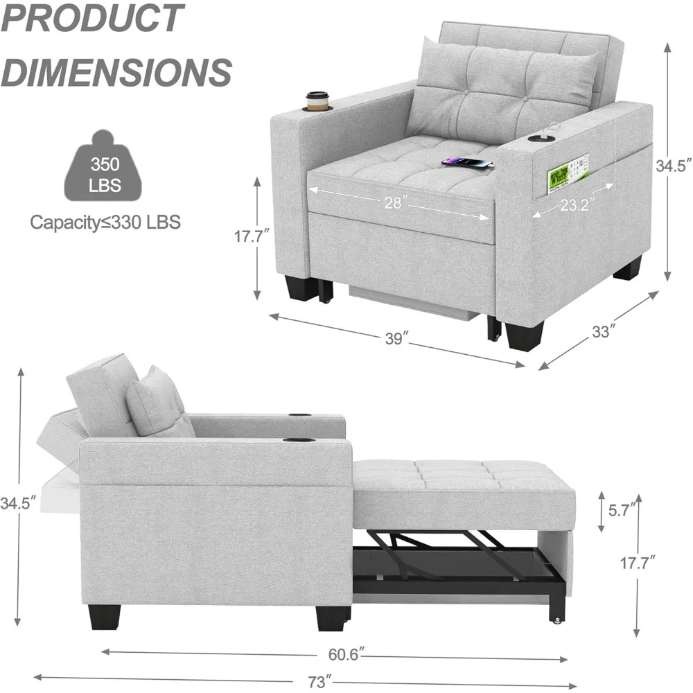 39 inch recliner 3-in-1 convertible chair bed pull-out recliner with USB port, side pockets, cup holder (light gray linen)