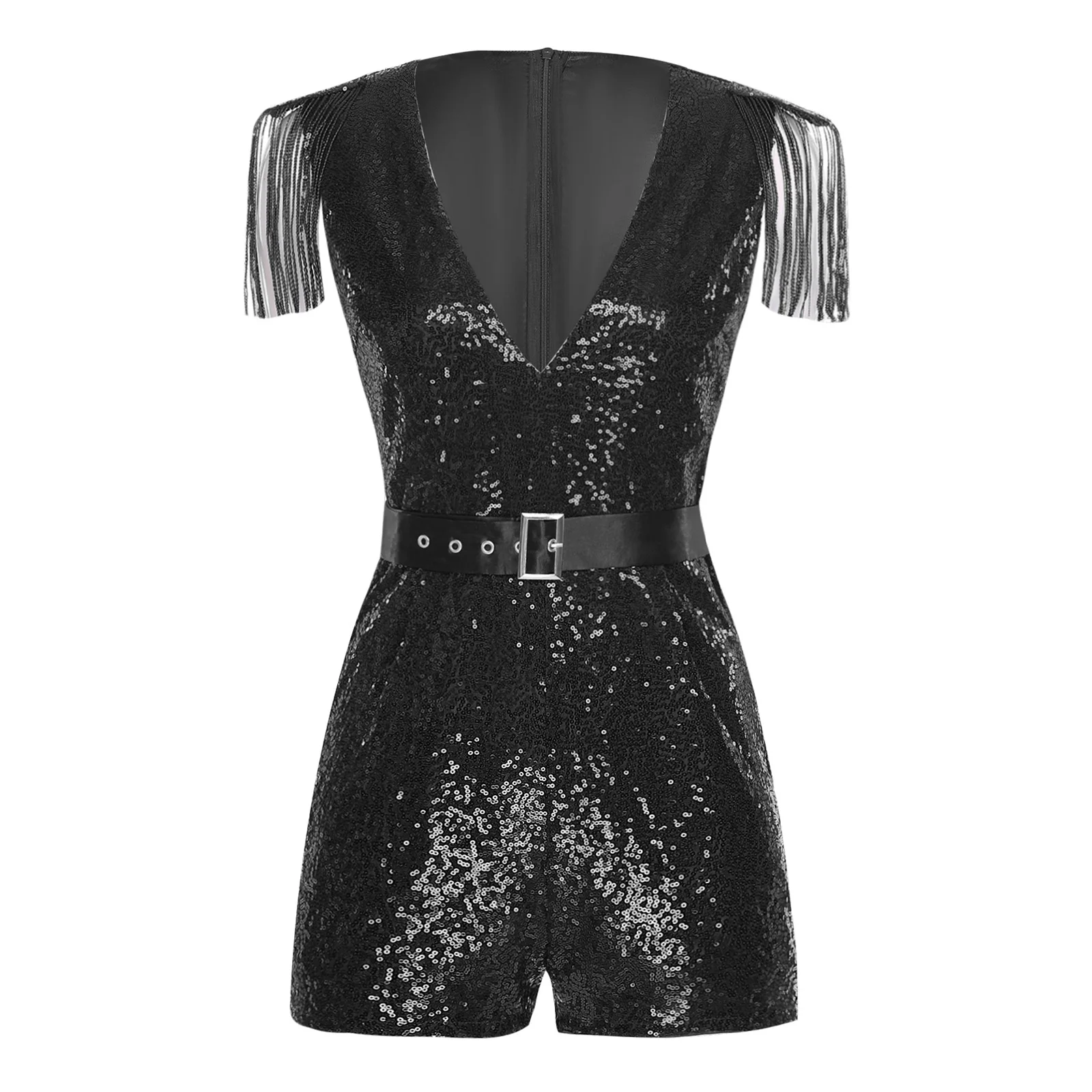 

Fashion Elegant Sparkly Disco Jumpsuit for Womens V-Neck Sleeveless Sequined Romper with Thigh Slit Hip Hop Jazz Dance Wear