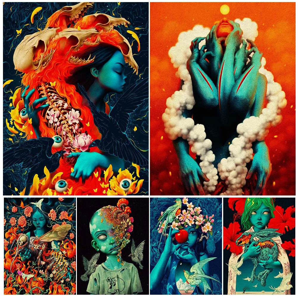 

Skeleton Bird, Rabbit And Little Witch Abstract Vintage Wall Art Canvas Painting Surreal Wild Girl Fantasy Art Poster And Print