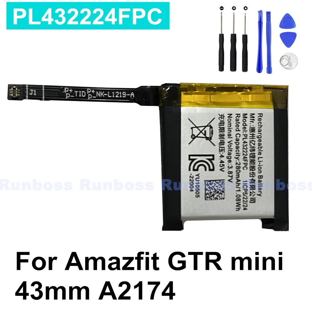 PL432224FPC 280mAh Battery For Huami Amazfit GTR Mini 43mm A2174 Smart Watch