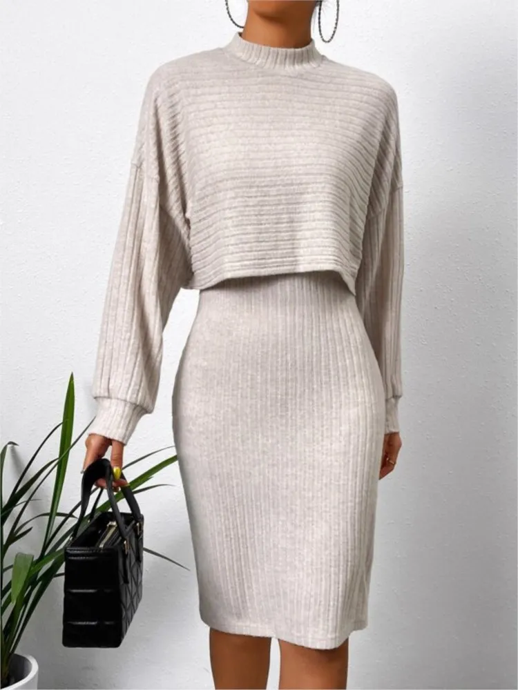 Elegant Slim Dress Set Women Spaghetti Strap Dresses Long Sleeve O Neck Tops Fashion Streetwear Vestidos Suits Autumn Winter New