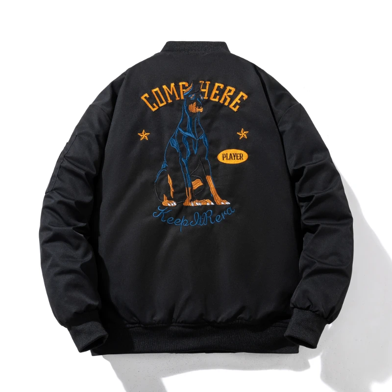 Bomber Jacket Embroidery Mens Fashion Winter Hip Hop Baseball Jacket Women Vintage Doberman Dog Hooded Windbreaker Coat Couple