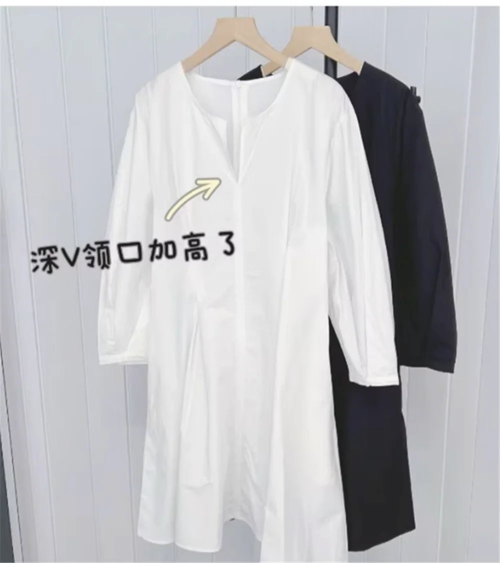 Women's Summer Cotton V-neck Loose Waist-cinching Casual Dresses Simple Elegant Stylish Midi Evening Dress