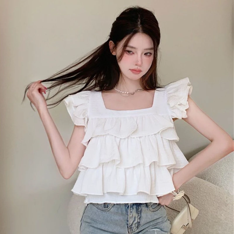 Flying Sleeve Blouses Women Ruffles Sweet Students Princess Loose Fashion Popular Korean Style Temperament Tender Square Collar