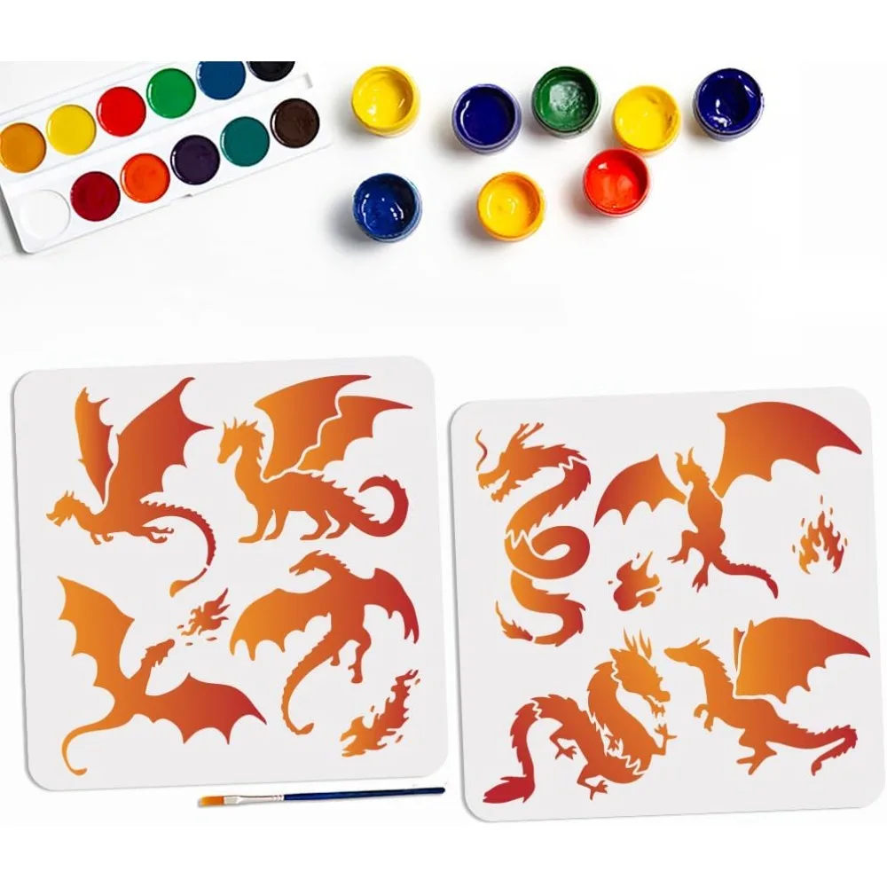 8 стилей трафарет с пламенем дракона 11,8 × 11,8 дюйма большой шаблон западного дракона с кистью для рисования квадратные трафареты на тему огненного дракона