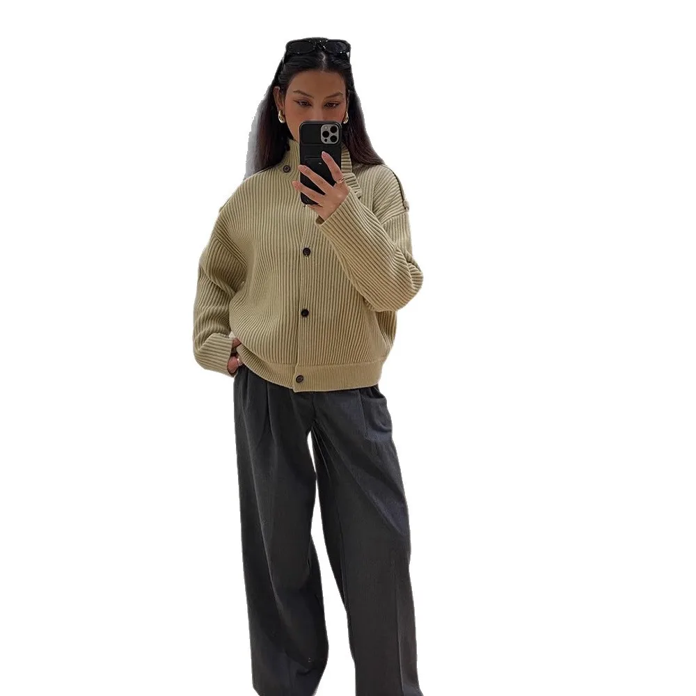 Cárdigan de punto informal para mujer, prendas de punto lisas con cuello levantado y una hilera de botones, prendas de vestir exteriores elegantes para otoño e invierno 2026