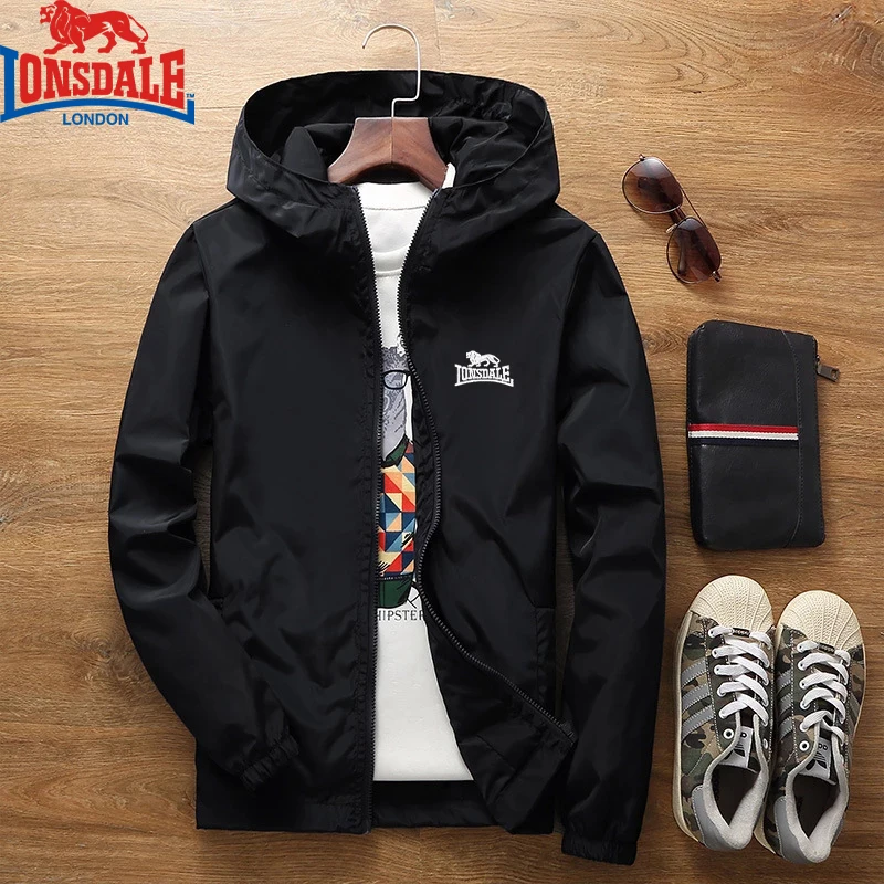 Jaqueta masculina com capuz bordada LONSDALE, casaco da moda, quebra-roupas casual de alta qualidade, nova, primavera e outono