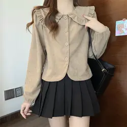 Sweet Fashion Elegant Autumn Shirts Women Solid Peter Pan Collar Single Breasted Temperament Chic Loose Long Sleeve Short Tops